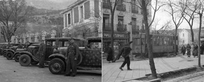 Autos y conductores de la 3ª Brigada en San Lorenzo de El Escorial (marzo de 1937). A la derecha, la calle de Carranza (febrero-marzo de 1937).