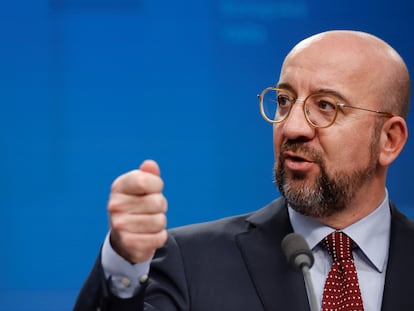 The president of the European Council, Charles Michel, during a press conference in Brussels, on February 1.