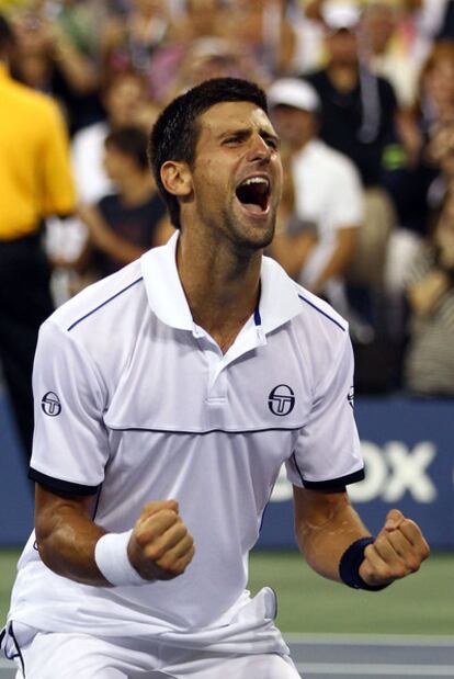 Djokovic celebrates his victory over Nadal at Flushing Meadows.