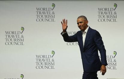 El expresidente de EE UU, Barack Obama, durante su intervención en la WTTC en Sevilla.