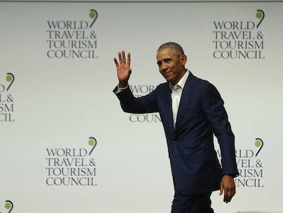 El expresidente de EE UU, Barack Obama, durante su intervención en la WTTC en Sevilla.