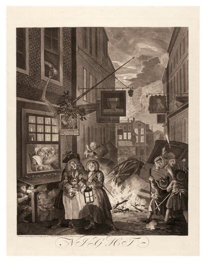 William Hogarth. 'Noche (de la serie Cuatro Momentos del Da)', de 1738, aguafuerte.