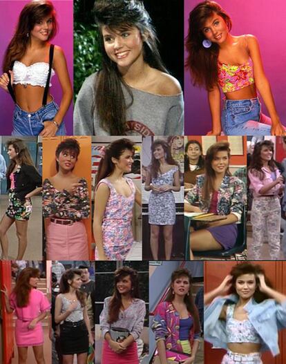 Kelly Kapowsksi (Salvados por la Campana)

Icono erótico de los adolescentes en los 90, la animadora bonachona y algo naíf de Salvados por la Campana interpretada por Tiffani Amber Thiessen era también la reina del crop top, los estampados florales y el denim como aliado indiscutible.