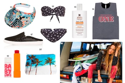 43. Asos Visera con print tropical. 44. Lucien Pellat Finet Bikini estampado. 45. Kiehl's Since 1851 Protector solar fluido SPF 50+. 46. Ana Locking Camiseta sin mangas con leyenda bordada. 47. Topshop Sneaker sin talón. 48. Roxy. 49. Maybelline Lip balm 'Baby Lips - Cherry Me'. 50. Samudra Clutch con estampado de palmeras.