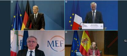 De arriba abajo y de izquierda a derecha, el vicecanciller alemán y ministro de Finanzas, Olaf Scholz, el ministro francés de Economía y Finanzas, Bruno Le Maire, el ministro italiano de Economía y Finanzas, Daniele Franco y la vicepresidenta segunda y ministra de Asuntos Económicos y Transformación Digital, Nadia Calviño.