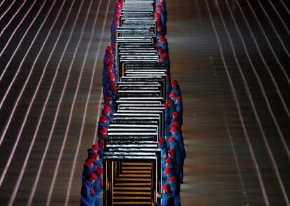 Artistes es preparen per a la seva actuació en la cerimònia d'inauguració dels Jocs Olímpics d'Hivern 2018 de Pyeongchang, el 9 de febrer del 2018.