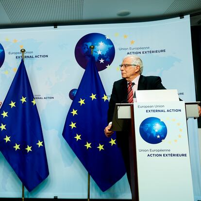 Kosovo's Prime Minister Albin Kurti, left, speaks next to European Union foreign policy chief Josep Borrell during a joint news conference at the EEAS building in Brussels, Thursday, April 29, 2021. (Kenzo Tribouillard, Pool Photo via AP)