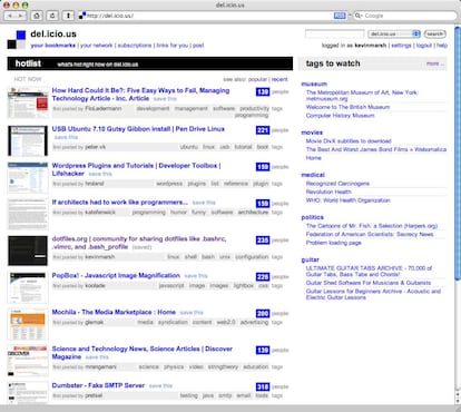 La interfaz de Del.icio.us en 2011.