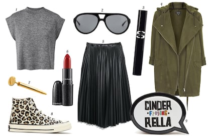 1. Mango Top con cuello cisne y manga corta. 2. Stella McCartney Gafas de sol con montura de pasta. 3. Sisley Paris Máscara de pestañas “So Intense”. 4. Topshop Parka oversize con capucha. 5. Mango Falda midi plisada en efecto piel. 6. M·A·C Barra de labios “Heirloom Mix”. 7. Aristocrazy Pendiente de oro en forma de tornillo. 8. Converse Sneaker con print de leopardo. 9. Sophia Webster Clutch de charol en forma de bocadillo con leyenda.