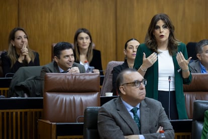 La portavoz del grupo socialista, Ángeles Férriz, junto al escaño vacío de Juan Espadas, durante la sesión de control en el Parlamento de Andalucía. 