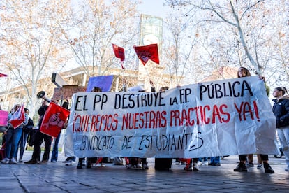 La manifestación frente a la Asamblea de Madrid ha sido convocada por la plataforma FP sin prácticas