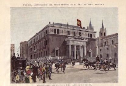 Grabado de Juan Comba publicado en &#039;La ilustraci&oacute;n espa&ntilde;ola y americana&#039; con motivo de la inauguraci&oacute;n de la actual sede de la RAE, en 1894.