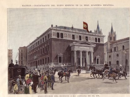 Grabado de Juan Comba publicado en &#039;La ilustraci&oacute;n espa&ntilde;ola y americana&#039; con motivo de la inauguraci&oacute;n de la actual sede de la RAE, en 1894.