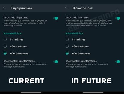 Cambios en el bloqueo biométrico de WhatsApp.