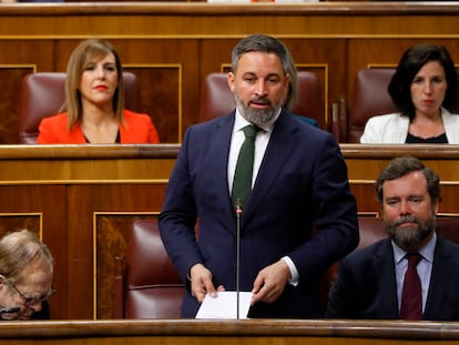 El profesor Ramón Tamames (en segundo plano) junto al líder de Vox, Santiago Abascal, durante el debate de la moción de censura de Vox en el Congreso, este martes.