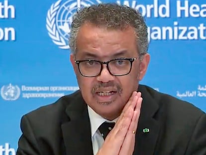 Imagen de archivo de marzo de 2020 del director de la Organización Mundial de la Salud (OMS), Tedros Adhanom Ghebreyesus, durante una rueda de prensa virtual sobre la COVID-19.