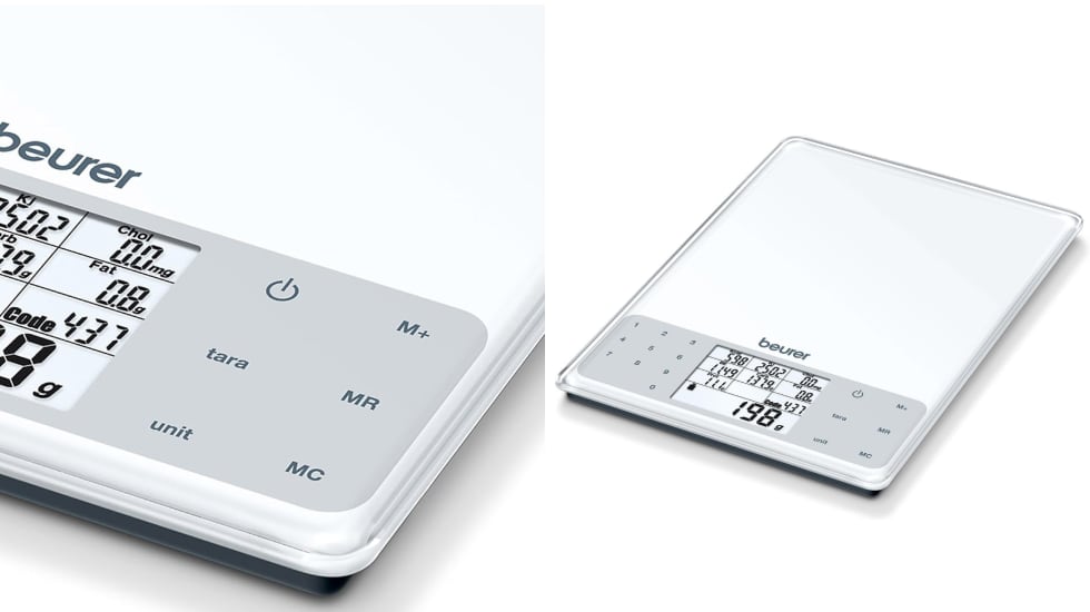 Vista en detalle de la botonera táctil de la báscula digital Beurer DS 61 para calcular macros.