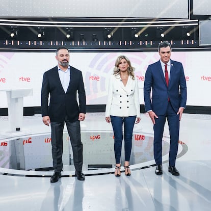 DVD1170. Pedro Sanchez, Yolanda Diaz y Santiago Abascal en el Debate a tres en RTVE. Alvaro García. 19/07/2023
