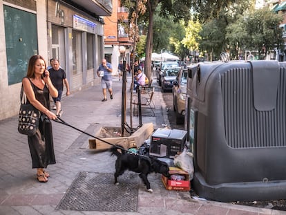 Un perro olisquea entre la basura acumulada de un contenedor en la calle Gutierre de Cetina.