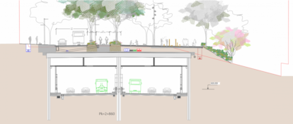 Sección del proyecto del Paseo Verde del Suroeste, con el tráfico soterrado.