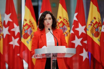 La presidenta de la Comunidad de Madrid, Isabel Díaz Ayuso, en la rueda de prensa tras su reunión con el jefe del Ejecutivo, Pedro Sánchez, el pasado lunes.