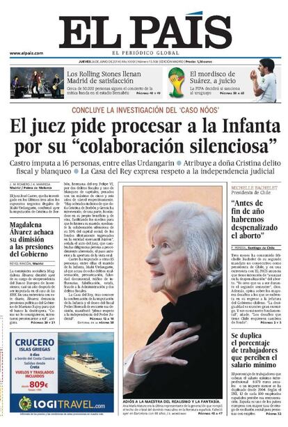 El juez Castro concluyó su instrucción en el caso de corrupción que afectaba a la hermana del Rey a finales de junio, pocos días después de la proclamación de Felipe VI. En sus conclusiones pidió el procesamiento de Cristina de Borbón por su "colaboración silenciosa", atribuyéndole un delito fiscal y otro de blanqueo. En total, 16 personas quedaban imputadas en el caso Noos, entre ellas el cuñado del Rey, Iñaki Urdangarin.<p> <b>Noticia</b>: <a href="http://politica.elpais.com/politica/2014/06/25/actualidad/1403688341_143210.html" target="blank">El juez ve “sobrados indicios” de que doña Cristina se lucró de forma ilícita</a>