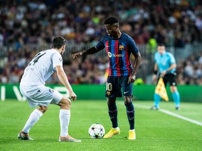 Ansu Fati, durante el partido ante el Viktoria Pilsen en el Camp Nou.