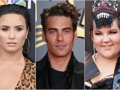 De izquierda a derecha, Demi Lovato, Jon Kortajarena y Netta Barzilai.