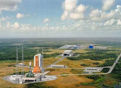 Ilustración del futuro complejo de lanzamiento de los cohetes rusos Soyuz desde la base espacial europea en Kourou (Guyana francesa).
