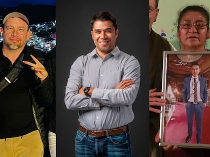 (l-r) César Salazar, José Melesio and María Guadalupe Cayente – Leonardo Reyes’ mother – holding up a photo of her son.