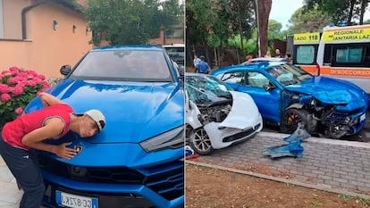 Vito Loiacono, uno de los 'tiktokers' implicados en el accidente, junto a los dos coches tras el siniestro.