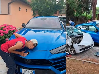 Vito Loiacono, uno de los 'tiktokers' implicados en el accidente, junto a los dos coches tras el siniestro.