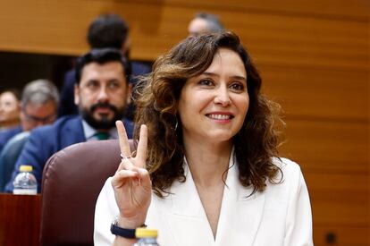 La presidenta de la Comunidad de Madrid, Isabel Díaz Ayuso, en la Asamblea regional que celebra pleno este jueves.