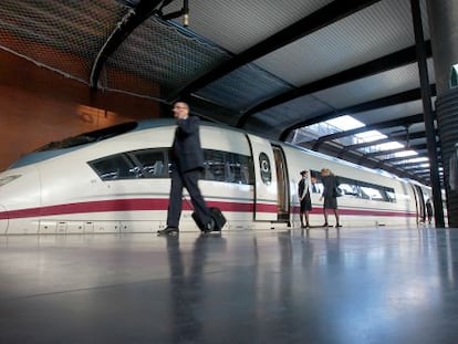 A high-speed train in Atocha station in Madrid.