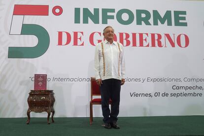 Andrés Manuel López Obrador durante su quinto informe de gobierno en Campeche, en 2023.