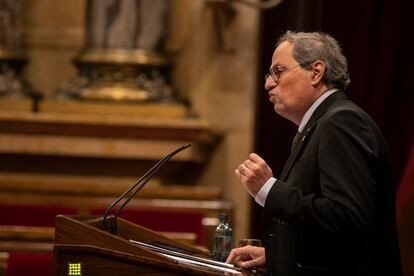 El expresidente Quim Torra, en el pleno del Parlament, da un último discurso en el hemiciclo.