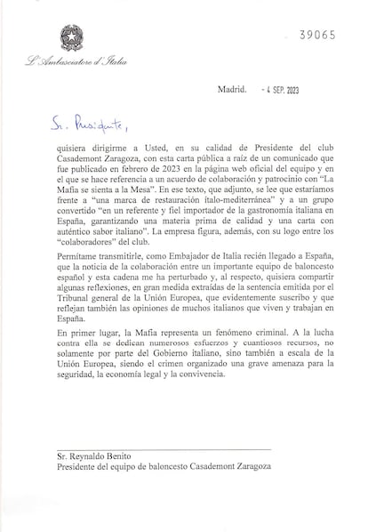 Una parte de la carta escrita por el embajador italiano. 