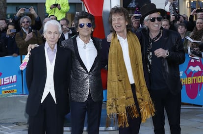 Charlie Watts, Ron Wood, Mick Jagger y Keith Richards, el lunes 4 de abril en la inauguración de Exhibitionism en Londres.