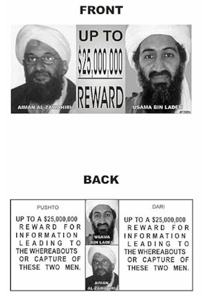 Un cartel de búsqueda en el que el Departamento de Defensa de EEUU ofreció una recompensa de 25 millones dólares por la captura de Osama bin Laden y el comandante  Ayman al Zawahiri.