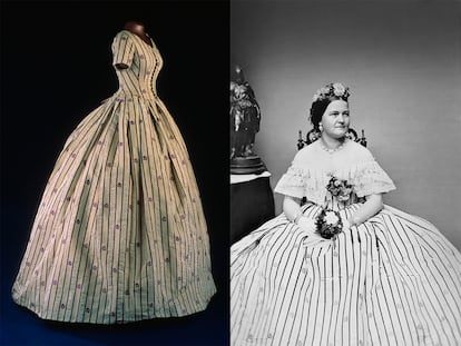 El tejido era un bien muy preciado a mediados del S.XIX, por eso era habitual que los vestidos se rehicieran una y otra vez. En la imagen, a la dcha., Mary Todd Lincoln con un vestido creado por Keckley; a la izda., la versión modificada que ha llegado hasta nosotros y que se conserva en el Smithsonian.