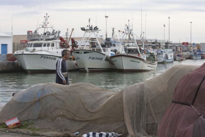 Un hombre camina por el muelle pesquero de Barbate (Cádiz).