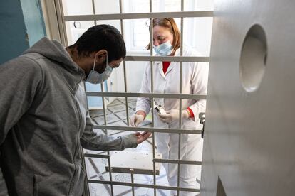 A man with tuberculosis receives treatment in a Moldovan prison located in the capital, Chișinău, on November 6, 2023 