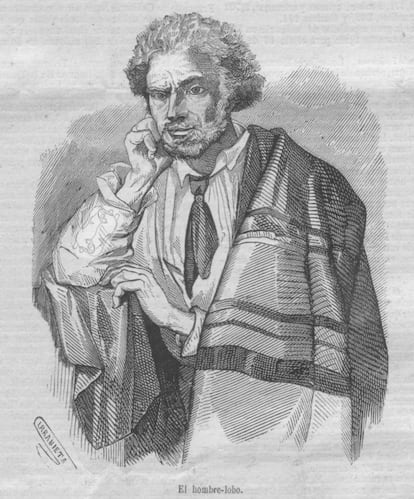 Ilustración de Manuel Blanco Romasanta, más conocido por el Hombre-Lobo de Allariz, en un grabado de Vicente Urrabieta Ortiz  (1823-1879).
