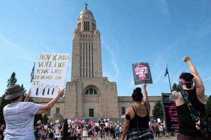 Protesters line the street around the front of the Nebraska State Capitol during an Abortion Rights Rally held on July 4, 2022