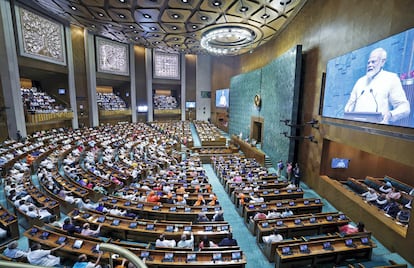 This photo released by the Indian Press Information Bureau shows Prime Minister Narendra Modi speaking during the inauguration ceremony of the new parliament building in New Delhi on May 28, 2023.