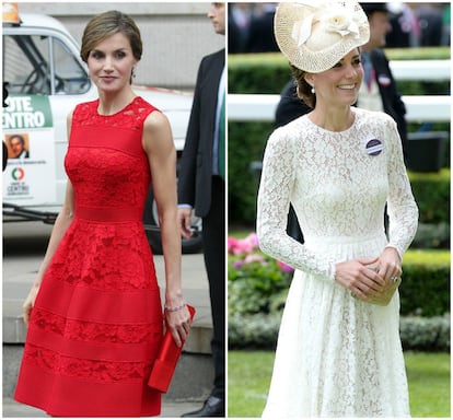 Dos vestidos y un estilo parecido, un vestido con encaje ceñido a la cintura. Para el aniversario del 40º aniversrio de las primeras elecciones democráticas en España tras la dictadura de Franco, Letizia volvió a apostar por el rojo, un color con el que suele acertar. Para su visita al hipódromo de Ascot, Kate Middleton optó por el blanco, que es un color cada vez más habitual en su armario.