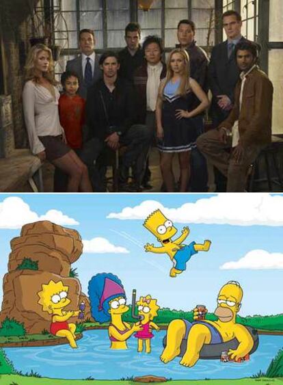 Arriba, los protagonistas de la producción televisiva <i>Héroes.</i> Abajo, una imagen de la serie de animación <i>Los Simpson.</i>