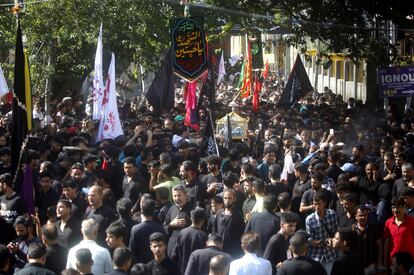 Kashmiri Shiite Muslims take part in a religious procession on the seventh day of Islamic month of Muharram, in Srinagar, the summer capital of Indian Kashmir, 26 July 2023.