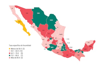 Tasa específica de embarazos en mujeres de 15 a 19 años en México (2019).v