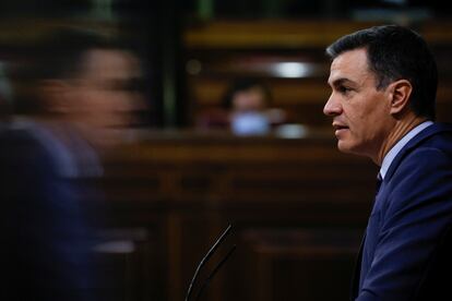 El presidente del Gobierno, Pedro Sánchez, durante su intervención en el Congreso el 30 de marzo.